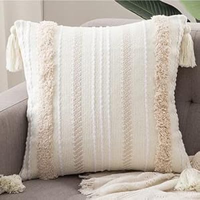 ISURE BOHO 45 x 45 cm cushion cover, Bohemian decorative cushion cover with handmade embellishment for bohemian interior decoration (white - beige).. DIAYTAR NIGERIA: Your affordable marketplace with reliable 5-8 day shipping across Nigeria.