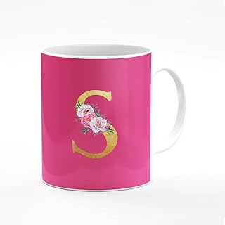 Elegant Ceramic Ceramic Ceramic Cup of 11 OZ, Personalized gift mug with initial letter with floral motif - S (dark pink).. DIAYTAR NIGERIA: Bridging the gap between consumers and quality products with affordable nationwide shipping.