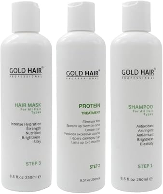 Professional protein treatment box Gold Hair (250 ml*3) for normal hair, eliminates frizz, long duration up to 6 months, repairs damage caused to hair and 100 % vegan (without aggressive chemicals).. DIAYTAR NIGERIA provides endless shopping possibilities with affordable prices and prompt delivery service.