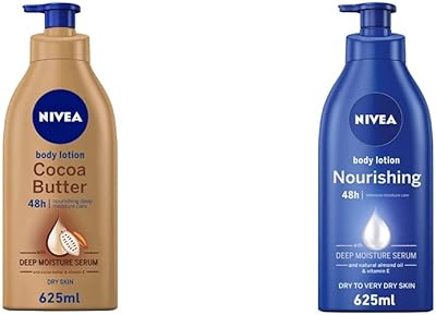 Nivea Body lotion Skin dry, cocoa butter vitamin E, 625 ml & nourishing body lotion, almond oil and vitamin E extra dry skin, 625 ml.. Experience budget-friendly shopping at DIAYTAR NIGERIA, Nigeria's premier online marketplace with quick delivery.