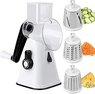 Manual Kitchen Manual Rotating Grate with handle - Round cheese grater with 3 interchangeable stainless steel blades - easy to use for fruits, nuts and vegetables (white).. DIAYTAR NIGERIA: Bringing quality products to your doorstep at prices that won't break the bank.