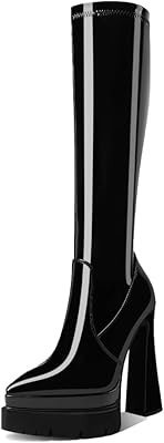 High boots for women, black platform boots, pointed end, side zipper, thick high heeled boots, fall winter mode, 2 black varnishes, 9.5.. The future of Nigerian shopping is here — DIAYTAR Nigeria.