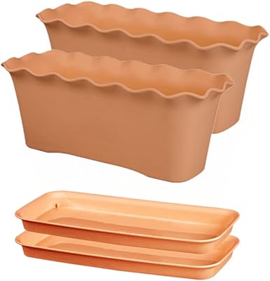 Weys Lot of 2 rectangular planters with trays, plastic flower pot with saucer, resin planters for indoor and outdoor plants (light terracotta 12 ").. Affordable online shopping is just a click away with DIAYTAR Nigeria.