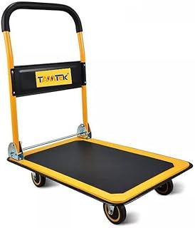 Tamtec metal foldable metal platform trolley, 300 kg weight capacity with rubber handle, 4 nylon tires, robust transport, yellow.. DIAYTAR NIGERIA: Where convenience meets affordability with delivery across Nigeria in under 8 days.