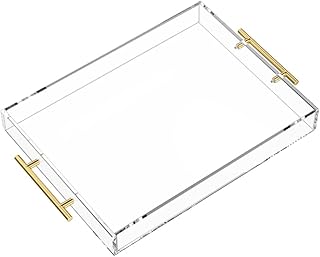 Acrylic service tray with metal handle, bathroom decorative tray, Ottoman coffee table tray, transparent food tray to eat, kitchen organizer, cosmetics, jewelry and toilet items.. DIAYTAR Nigeria delivers happiness in 5–8 days, no matter what you buy.