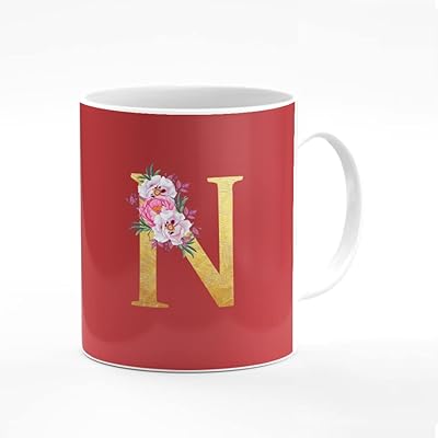 Ceramic coffee cup of 11 oz printed by an elegant creator, personalized gift - initial personalized monogram in floral pattern - N (red brown).. Your daily needs delivered to your door — DIAYTAR Nigeria style.