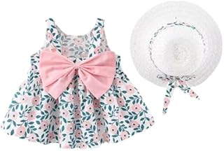 Set of summer dress with baby girl flowers, with matching hat and large pink knot, nice set of summer clothes for baby, white, pink and blue, one waist.. DIAYTAR NIGERIA: Where convenience meets affordability with delivery across Nigeria in under 8 days.