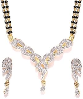 Mangalsutra necklace in gold plated inlaid with American diamonds, with a traditional and modern design for Jubella woman, YBMS_10006A model, cubic zirconia.. Shop across categories at DIAYTAR NIGERIA and enjoy budget-friendly nationwide shipping in 5-8 days.