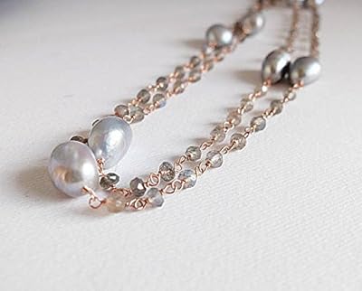 Chapelet necklace of gray pearls and labradorite, long collar in pink gold filled with rolled wire rolled up with labradorite and long pearls, 3/4 mm gray pearls.. Discover why millions choose DIAYTAR for affordable online shopping with delivery in just 5-8 days.
