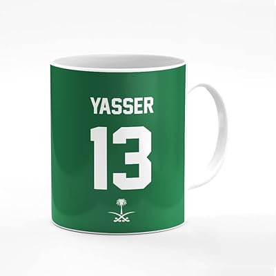 Printed coffee cup of elegant designer with robust handle, personalized ceramic gift of 11 oz [pass in the microwave and dishwasher] - football team - Saudi Arabia, player name - Yasser.. Discover a new way to shop with DIAYTAR NIGERIA's comprehensive marketplace and quick delivery options.