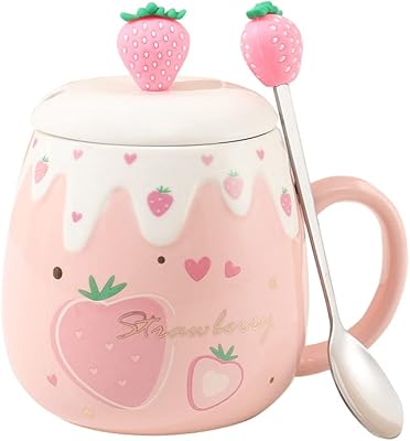 Kawaii ceramic coffee cup with Yaluki pink strawberry design, suitable for tea and milk, with lid and spoon (B).. Experience the power of choice with DIAYTAR NIGERIA's extensive catalog and reliable delivery service.
