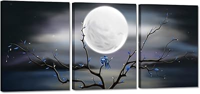 ZLOVE 3 wall pieces on canvas with love birds on a tree branch, full moon, blue bird, tree landscape, printing for modern interior decoration, bedroom, stretched and ready to hang, 30.5 x 40.6 cm x 3 pieces.. DIAYTAR NIGERIA brings affordable shopping solutions to every corner of Nigeria in just 5-8 days.
