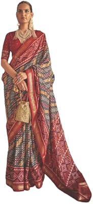 Soft sari in gray and red patola silk for women with blouse.. DIAYTAR NIGERIA: Creating access to affordable products for every Nigerian with our swift delivery service.