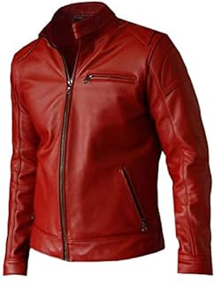 Red elegant biker jacket in real leather for men.. DIAYTAR NIGERIA brings affordable shopping to your fingertips with reliable delivery in less than 8 days.