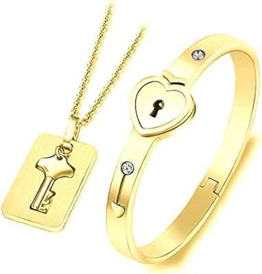 Stainless steel jewelry set in the shape of a heart with padlocks including a bracelet and a couples collar.. Discover shopping reimagined with DIAYTAR NIGERIA's extensive catalog and 5-8 day delivery service.