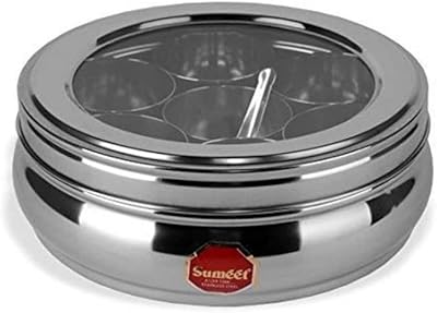 Masala spice box in stainless steel in the shape of a SUMEET belly with transparent lid with 7 containers and teaspoons, size n ° 10, 1.1 liter in steel steel.. DIAYTAR NIGERIA: Where every Nigerian finds what they need at prices they can afford, delivered promptly.