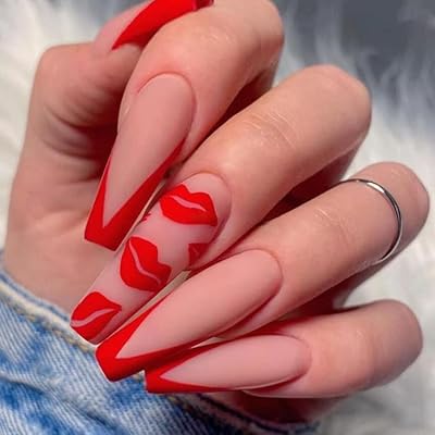 24 pieces of long fake nails in the shape of a coffin, mats, pressure, lips designed in acrylic, for party, end -of -year ball, for women and girls (4 red).. DIAYTAR NIGERIA: Empowering Nigerians with access to affordable products delivered within 8 days.