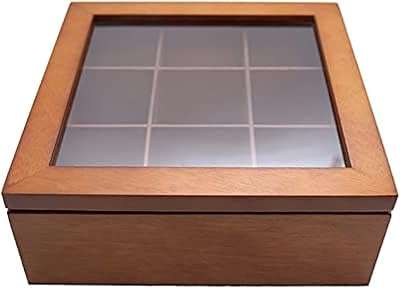 D & D UAE wooden tea storage box, 9 compartments tea chest, wooden tea chest with hinge glass cover (logo (brown)).. DIAYTAR NIGERIA: Connecting every Nigerian with quality products at prices everyone can afford.
