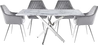 Large set of dining table, modern stainless steel structure chrome and wood marble effect, breakfast table + 4 dining chairs in gray velvet lyon for kitchen and dining room.. Shop with purpose at DIAYTAR NIGERIA and receive quality products at budget rates within 8 days.