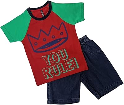 Set of two-piece clothes for toddlers, red, short sleeves, printed, relaxed, cool, summer, plain color, cotton top, elastic waist, denim shorts.. Say goodbye to long wait times — DIAYTAR Nigeria ships in just 5–8 days!