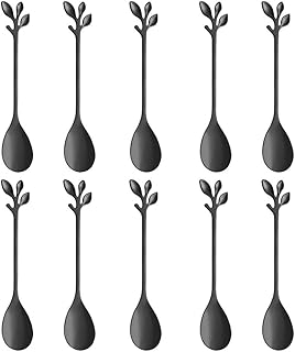 Coffee spoons in stainless steel with black leaves design - Anso 10 pieces of creative dessert spoons to stir and mix sugar, ice cream and cakes (black - 10 spoons).. Experience the convenience of boundless shopping with DIAYTAR NIGERIA's affordable platform and quick shipping.