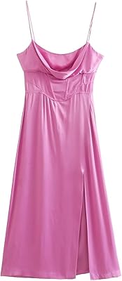 Long formal dress for Zokiva's woman, sexy pleated design on the front, soft satin interior, zipped midi dress on the back for the party (color: pink, waist: m).. Experience shopping without compromise at DIAYTAR NIGERIA, with vast selection and quick delivery.