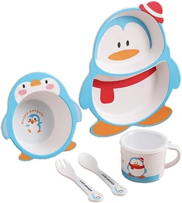 Bamboo table service 5 pieces Junior Kingdom | Ecological table service printed in bamboo fiber for toddlers | Children's dishes (penguin service).. DIAYTAR NIGERIA: Where quality meets affordability, with thousands of products delivered in less than 8 days.