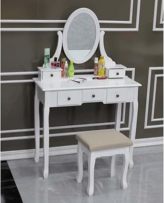 Ensemble Makeup Table and Yatai Chair With Living Mirror and 5 Decorative Glass Drawers, Small Table Furniture with Bench or Chair, Solid Wood Portable (White).. DIAYTAR NIGERIA connects you with thousands of products at competitive prices, delivered within a week.