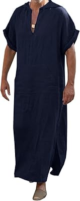 Abaya in cotton and linen of Arabic design for men with V -neck and short sleeves, casual caftan dress with side slit and pockets.. DIAYTAR NIGERIA: Putting quality products within reach of every Nigerian through our affordable marketplace.