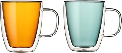Double wall glass cups with handle, insulated coffee cups, transparent borosilicate glass cups, green and amber, 350 ml.. DIAYTAR NIGERIA: Connecting every Nigerian with quality products at prices everyone can afford.