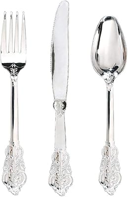 Set of disposable cutlery in silver plastic of 3 pieces including a fork, a knife and a spoon - set of robust cutlery for weddings, birthdays and birthdays.. Shopping made simple with DIAYTAR NIGERIA's vast selection and budget-friendly nationwide delivery.
