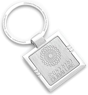 Square metal keychain with Dubai Expo 2020 logo (silver).. Shop with ease at DIAYTAR NIGERIA and enjoy our extensive product range delivered at affordable rates.