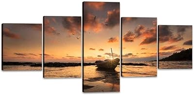 Qqyyyt 5 pieces of wall painting canvas poster wall art image fisherman boat sunset landscape on the beach modern creative desk classic fitness.. Your digital marketplace solution, DIAYTAR NIGERIA delivers quality and value within the week.