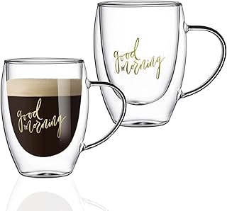 Good Morning Double Watter Glass Cup with handle for juice, wine, tea, coffee, breakfast, cocktail, daily use, 350 ml, lot of 2 by 1 chair.. Shop efficiently with DIAYTAR NIGERIA, offering thousands of products at unbeatable prices delivered promptly.