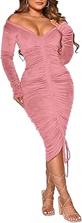 Kalibjar Sexy Midi Dress for Women, V -neck, bare shoulders, long sleeves, laces, ruffles, cocktail dress.. DIAYTAR NIGERIA delivers happiness in 5-8 days with our affordable and diverse product range.