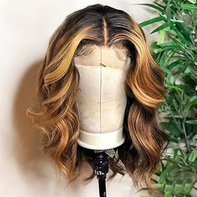 Andria short wig shaded with wavy colored brown reflections with frontal lace for women, corrugated natural wigs, synthetic hair in heat resistant fiber, without glue with baby hair, 16 inches.. DIAYTAR NIGERIA combines affordability with convenience, delivering your purchases within 5-8 days.