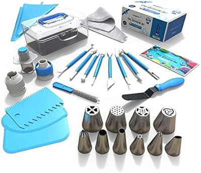 Set of 34 pieces - 10 Russian triangular and conical tips with 2 hair extensions, 2 reusable pastry pockets and 6 disposable pastry bags, 8 patterned tools, scrapers and bonus materials perfect for cake decoration supplies... DIAYTAR NIGERIA: Where every Nigerian finds affordable products delivered within the week.