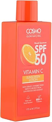 Cosmo Glow Natural Orange Vitamin C Sunnscreen Lotion SPF 50 for unisex, 65 ml, non -greasy, protects against skin damage, UV protection, resistant to perspiration and water.. DIAYTAR NIGERIA: Redefining e-commerce with affordable prices and reliable nationwide shipping.