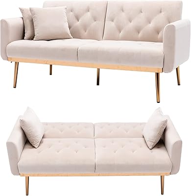 Convertible sofa bed in tita-dong velvet, modern padded sofa bed with 2 cushions and 5-foot gold plated base, foldable sofa adjustable for the living room (beige).. DIAYTAR NIGERIA: Where affordability meets variety, with thousands of products delivered in less than 8 days.