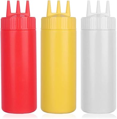 3 multicolored pressable bottles with 3 holes for seasoning of ketchup, mustard and salad, suitable for bakeries and family restaurants (24oz/720ml).. Experience DIAYTAR NIGERIA, where extensive product variety meets pocket-friendly prices and reliable delivery.