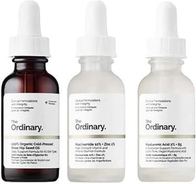 Bottle of 3 bottles of The Ordinary face serum! Hyaluronic acid serum, musk rose oil and niacinamide hyaluronic acid 2% + B5! Niacinamide 10% + zinc 1%! Cold pressed organic musk rose oil.. Experience the ultimate in shopping convenience with DIAYTAR NIGERIA's vast catalog and 5-8 day delivery.