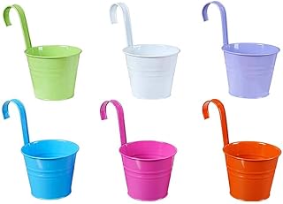 Suspended flower pots in colored iron, hanging flower pot, hanging plant pot, metal bucket, flower support for balcony, garden and fence with detachable hooks, 6 parts.. DIAYTAR Nigeria: Where affordability meets speed and quality.