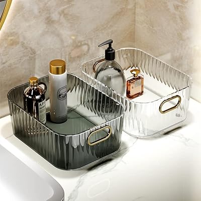 Office storage box, plastic storage basket with golden handle, non -slip organizers for bathrooms, bedroom, kitchen, closet, bedside table or shelf (transparent).. Get more for less on DIAYTAR Nigeria — Nigeria’s favorite e-commerce platform.