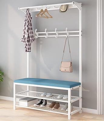 Shoe bench and multifunctional coats 4 in 1, entrance bench with storage, with metal clothing with 10 hooks, upper shelf, for entrance, living room and bedroom (X-036-Blanc + blue).. DIAYTAR NIGERIA connects Nigerians with quality products at affordable prices, delivered in 5-8 days nationwide.