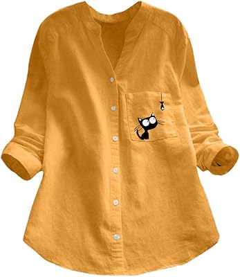 Long cotton and linen sleeve shirt for women, casual blouse printed chat, buttoned tops.. DIAYTAR NIGERIA: Where shopping is easy, prices are low, and delivery is just days away.