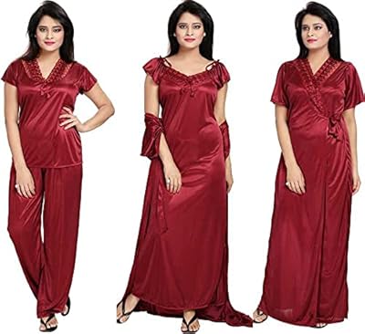 Four woman's night clothes for women (nightgown, bathrobe, top and pajamas) (Bordeaux), Bordeaux, single size, brown, one size.. Transform your shopping experience with DIAYTAR NIGERIA's vast product selection delivered at unbeatable prices.