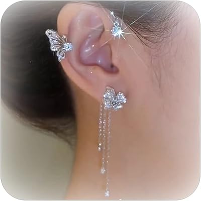 Butterfly earrings for women, Elegant silver butterfly earrings with zircon pompoms, butterfly earrings, ear bracelet without piercing, jewelry gift.. Experience the joy of discovery with DIAYTAR NIGERIA's vast catalog and nationwide affordable delivery.