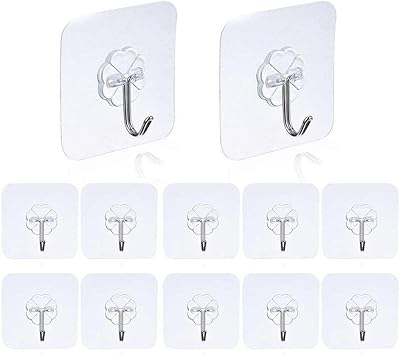 Auveach Lot of 12 transparent, reusable, waterproof, resistant and self-adhesive wall hooks.. Shop from anywhere in Nigeria and receive your DIAYTAR purchases at affordable prices within a week.
