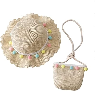 Sun cap on a large edge in straw with shoulder bag, set of summer beach hats with flower pompoms, sunscreen for children, 30.. DIAYTAR NIGERIA: Where every shopping need is met with affordable prices and timely delivery.