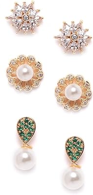 Earrings set with cubic zirconia stones, diamonds and gold and green pearls for woman from Zaveri Pearls - ZPFK9746 (Lot of 3), yellow brass.. DIAYTAR NIGERIA combines extensive product options with budget-friendly prices, delivered in 5-8 days.